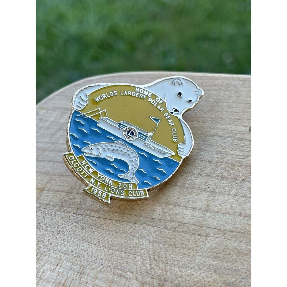 Lions Club Lapel Pin NY 20N Olcott 1958 Polar Bear 1-3/4"